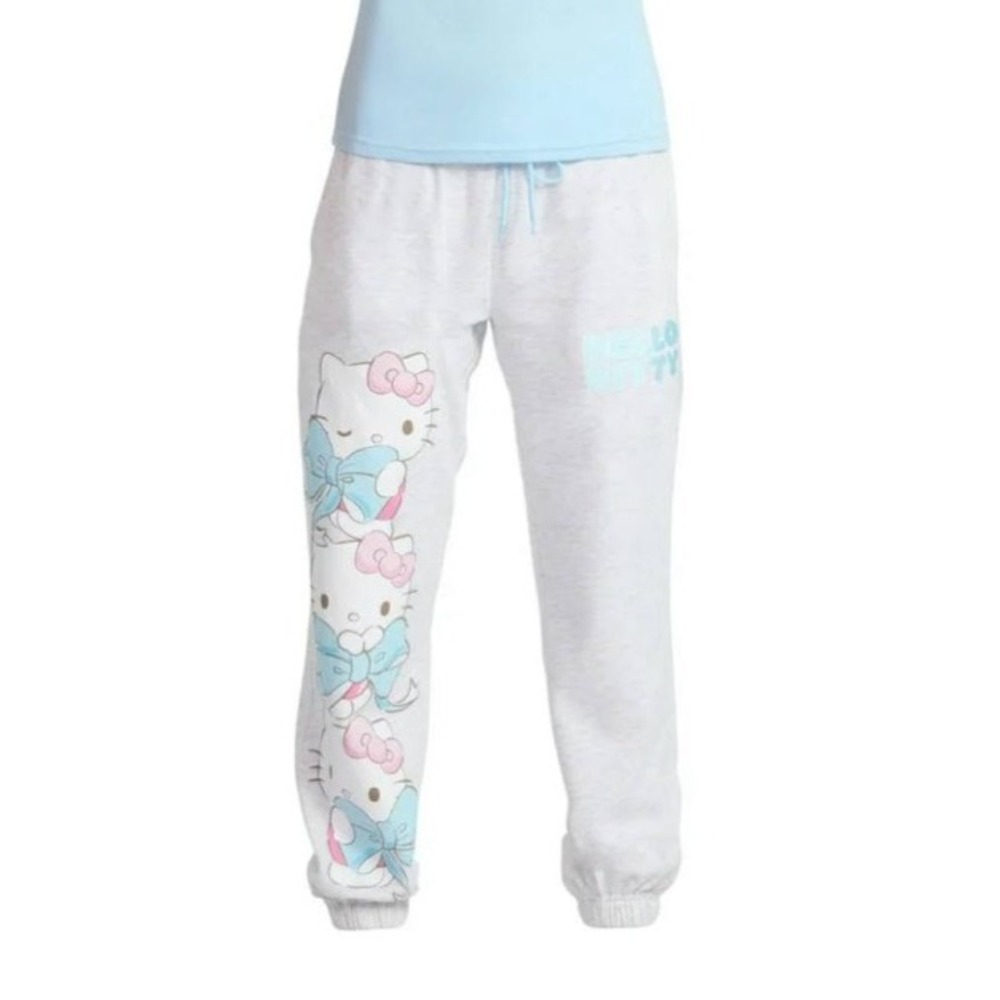 Hello Kitty Heather Grey Graphic Jogger Sweatpants Sanrio Blue Bows Medium